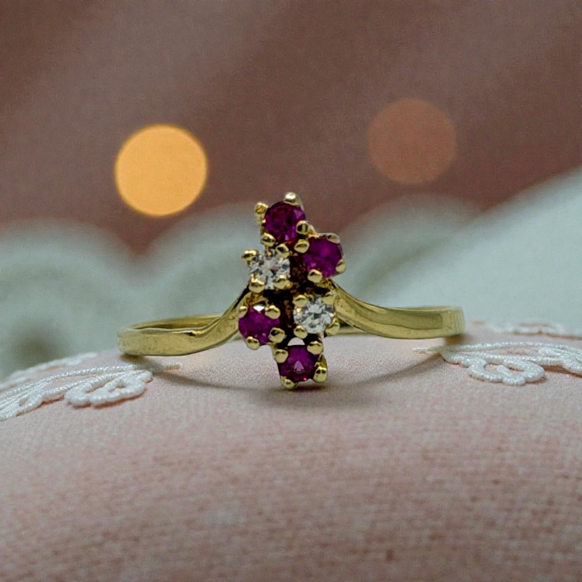 Solid 14K Yellow Gold Ring with Round Cut Ruby and Gemstone Cluster Size 5.5