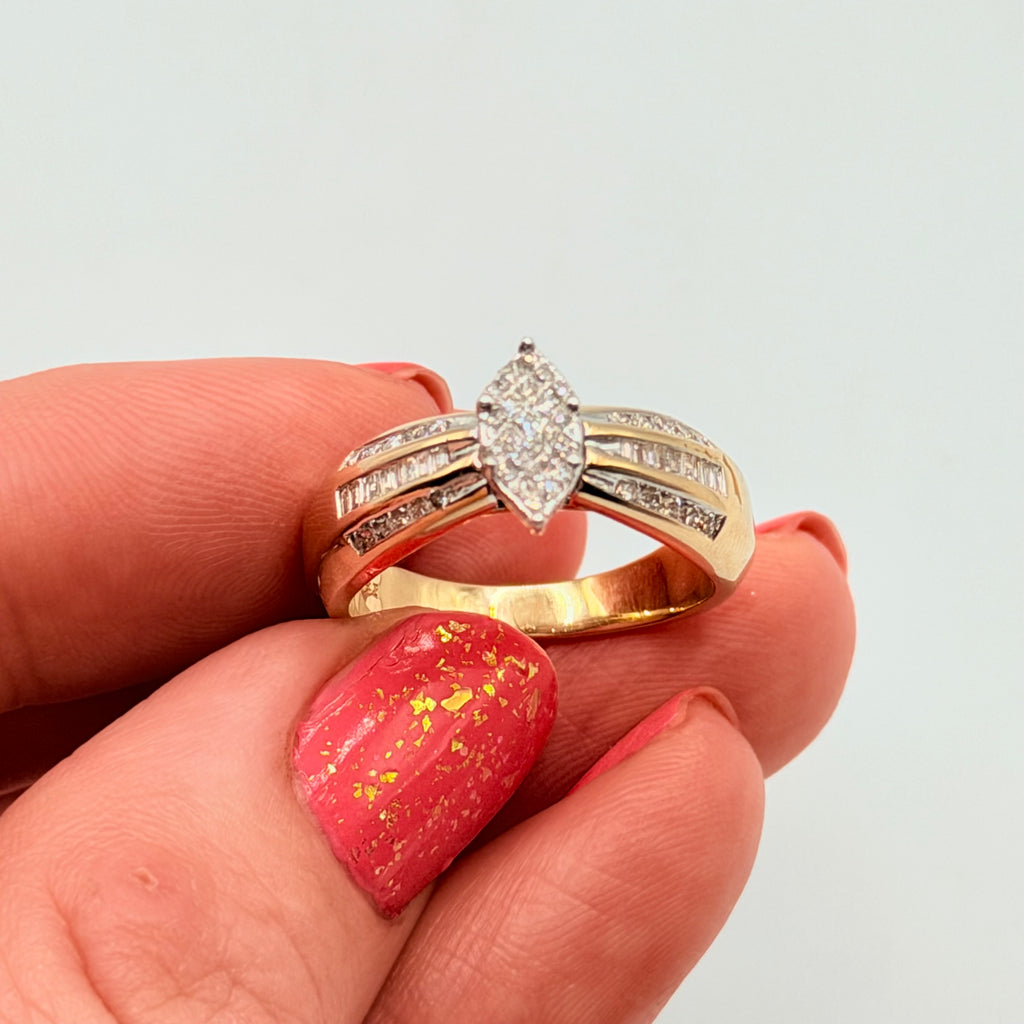 Rosy Blue Solid 14K Yellow Gold Marquise Diamond Cluster Ring – Size 7.25