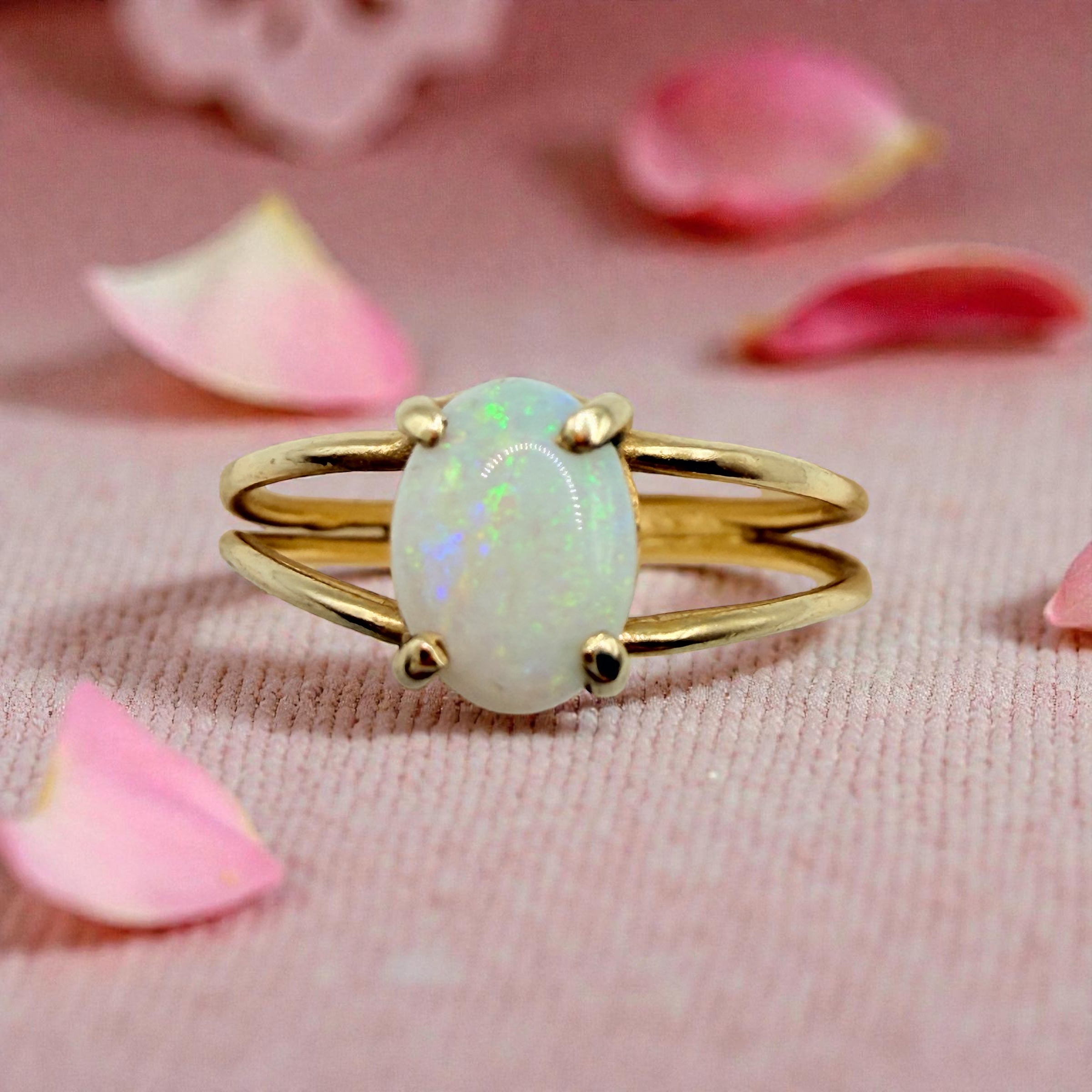 Solid 14K Yellow Gold Ring with Oval Cut Opal Size 5.75