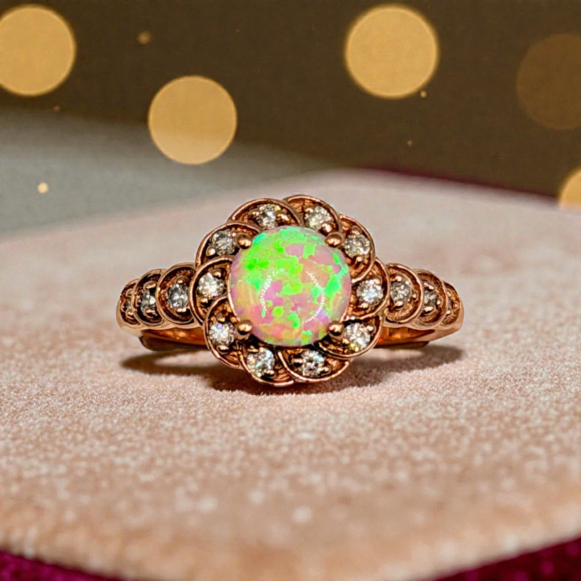 Solid 10K Rose Gold Ring with Round Cut Pink Opal and Diamond Accents Size 7