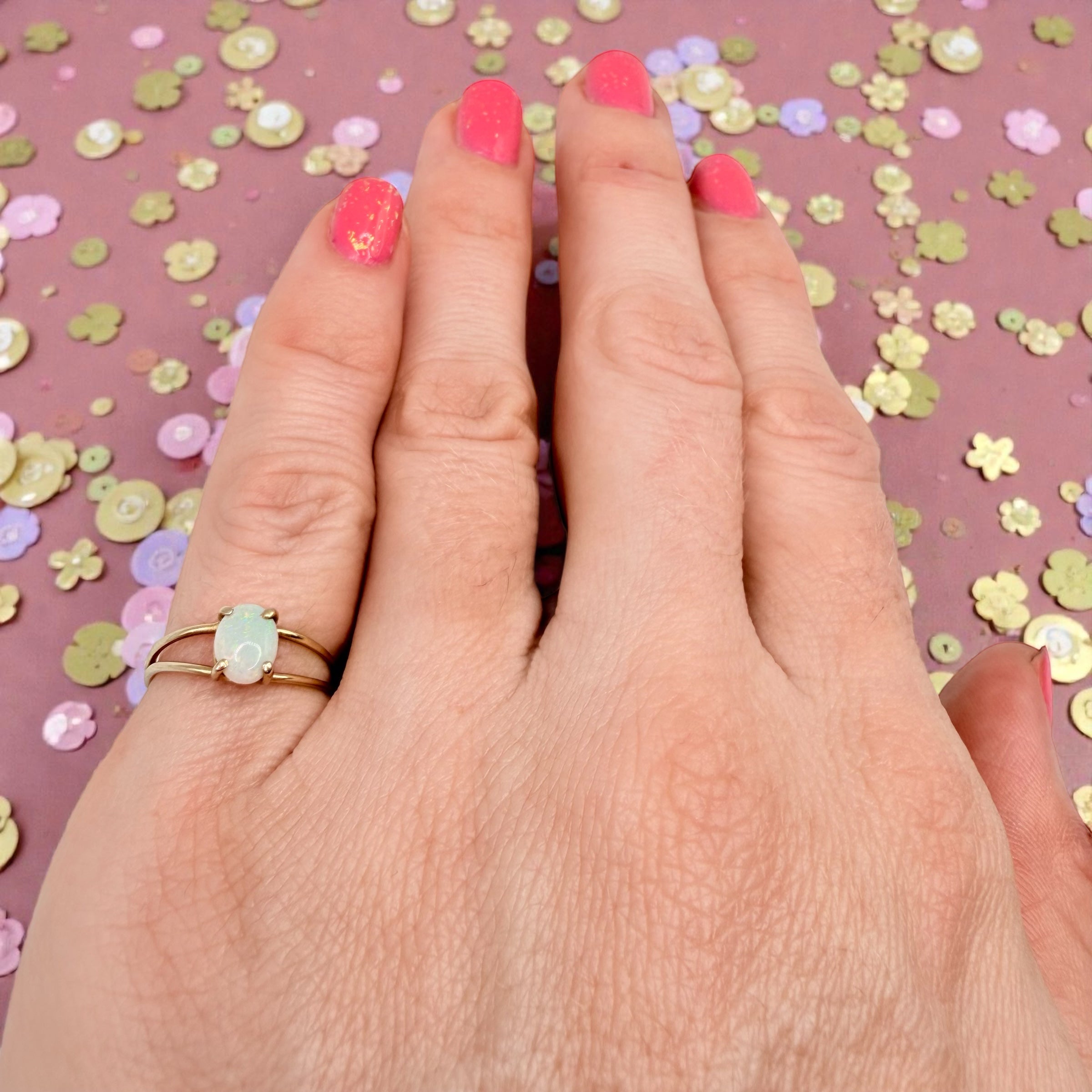 Solid 14K Yellow Gold Ring with Oval Cut Opal Size 5.75