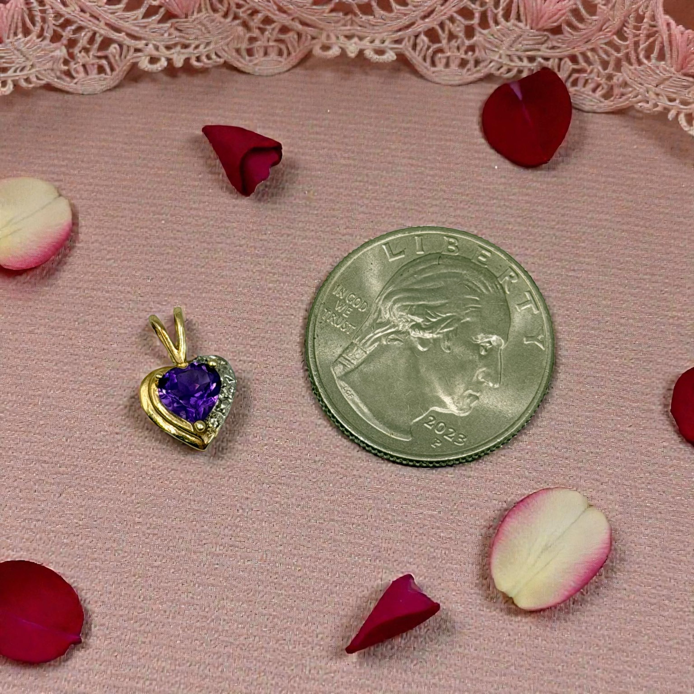 Solid 10K Yellow Gold Necklace Pendant with Heart Cut Amethyst