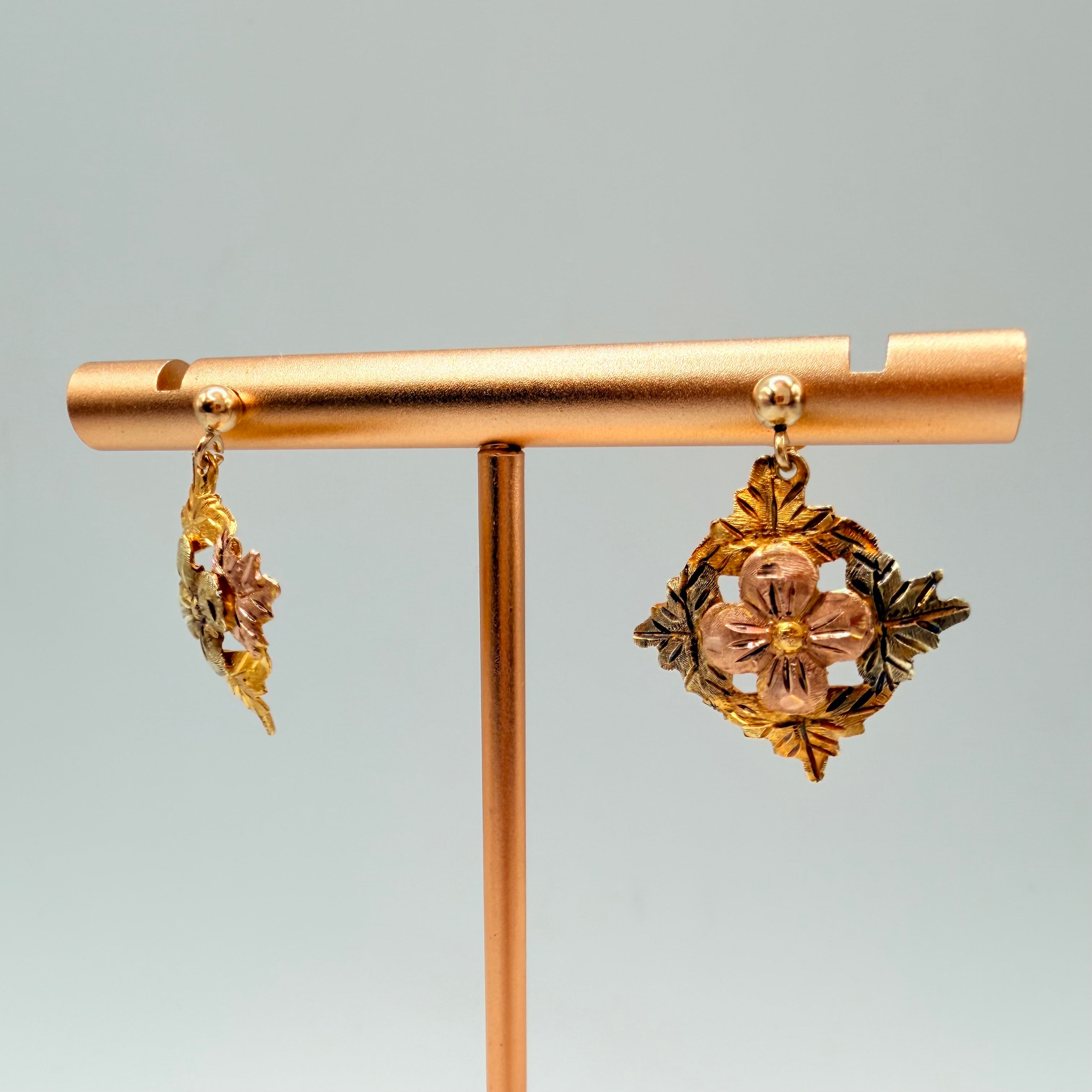 Black Hills Solid 10K Tri-Color Gold Dangle Earrings - Flower and Leaf Accents