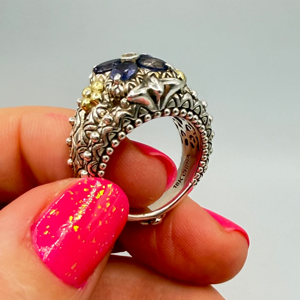 Bixby Jezebel Sterling Silver and 18K Gold Flower Ring with Iolite & Topaz Sz 7