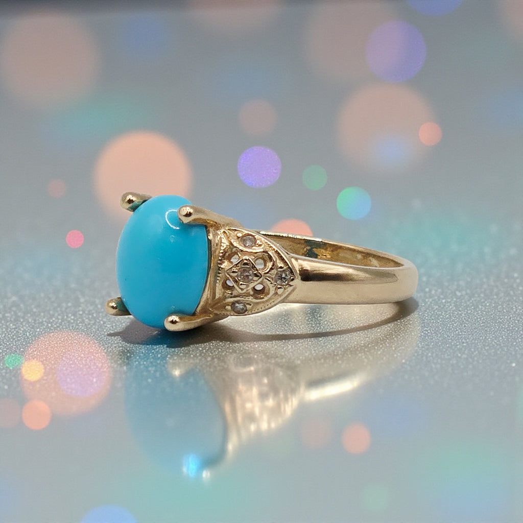 Solid 14K Gold Sleeping Beauty Turquoise Ring with Diamond Accents – Size 6
