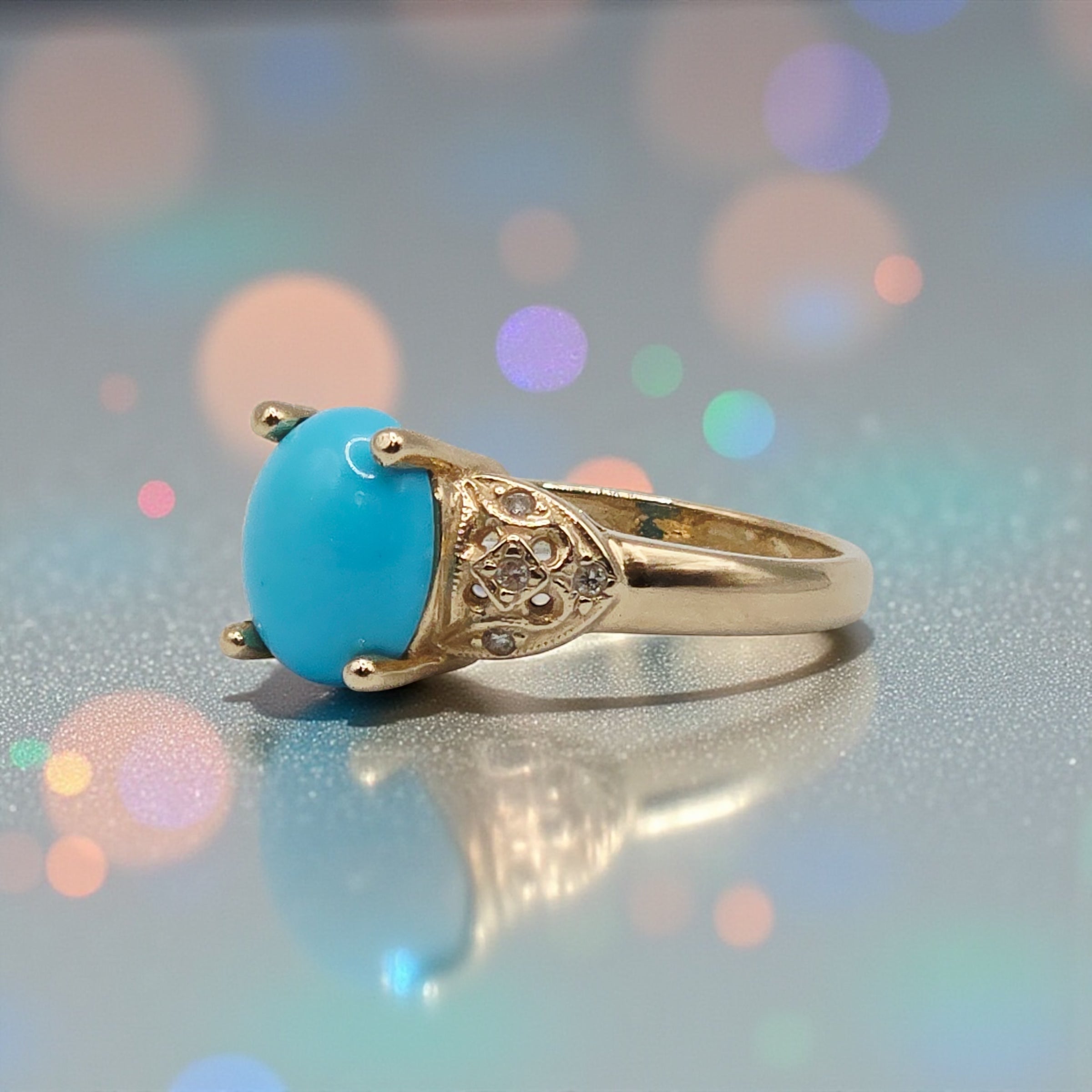 Solid 14K Gold Sleeping Beauty Turquoise Ring with Diamond Accents – Size 6