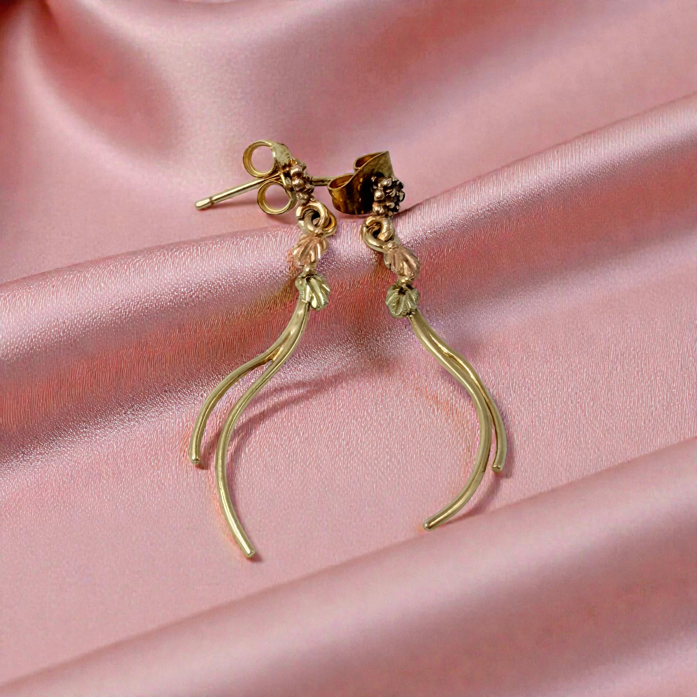 Solid 10K Multi-Color Gold Dangle Earrings with Leaf Accents