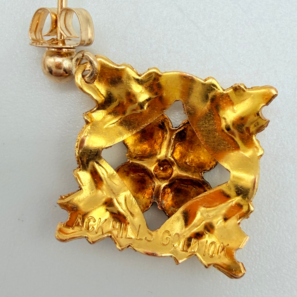 Black Hills Solid 10K Tri-Color Gold Dangle Earrings - Flower and Leaf Accents