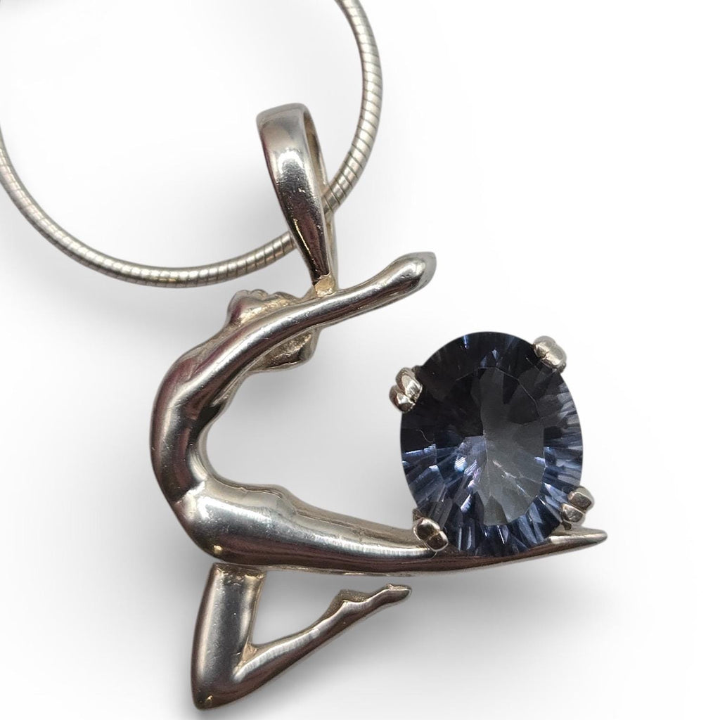 925 Sterling Silver Gymnast Pendant Necklace with Blue Aquamarine Stone, 16 Inch Sterling Chain