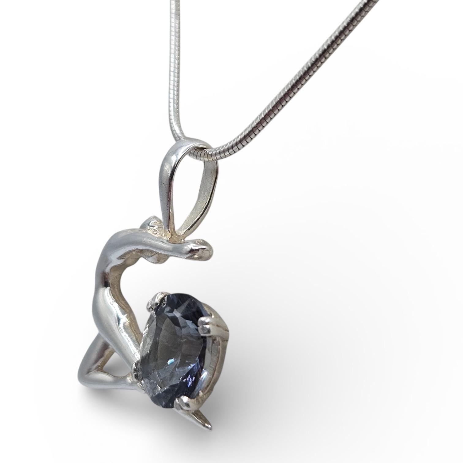 925 Sterling Silver Gymnast Pendant Necklace with Blue Aquamarine Stone, 16 Inch Sterling Chain