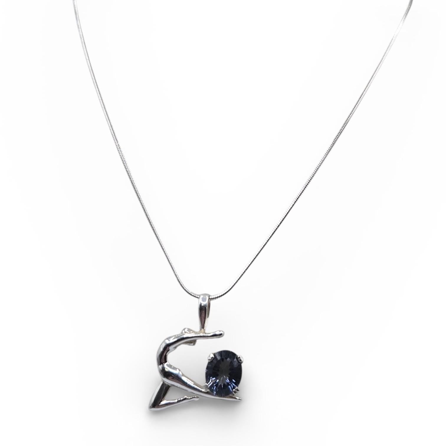 925 Sterling Silver Gymnast Pendant Necklace with Blue Aquamarine Stone, 16 Inch Sterling Chain