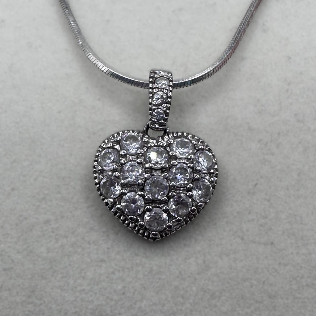 925 Sterling Silver Heart Pendant Necklace with Sparkly Gemstones - 18 Inch