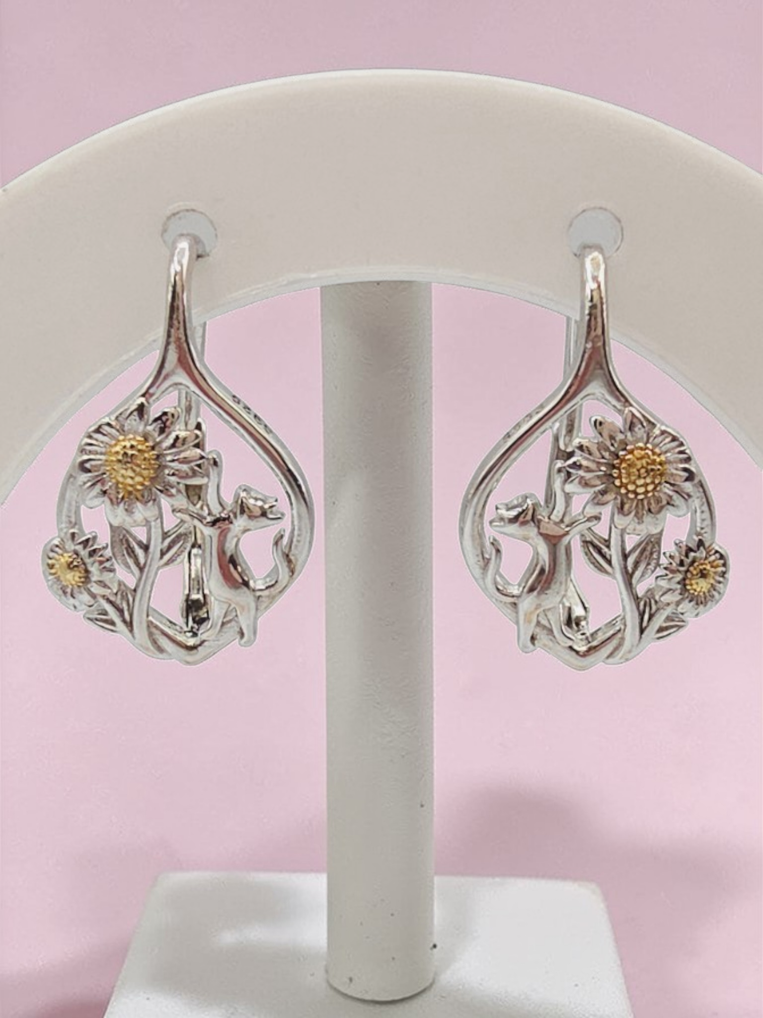925 Sterling Silver Kitty Cat & Sunflower Leverback Drop Earrings with 24K Gold Accents