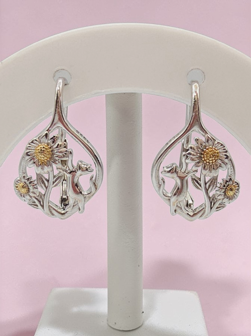 925 Sterling Silver Kitty Cat & Sunflower Leverback Drop Earrings with 24K Gold Accents