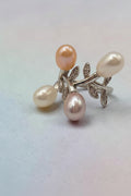 925 Sterling Silver Multi Color Pearl Floral Ring with CZ Leaf Accents - Size 6