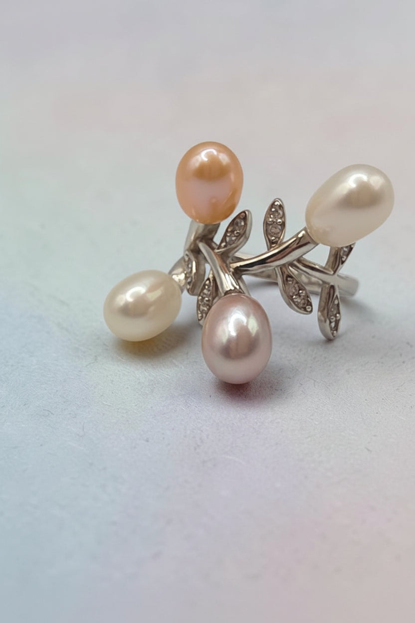 925 Sterling Silver Multi Color Pearl Floral Ring with CZ Leaf Accents - Size 6
