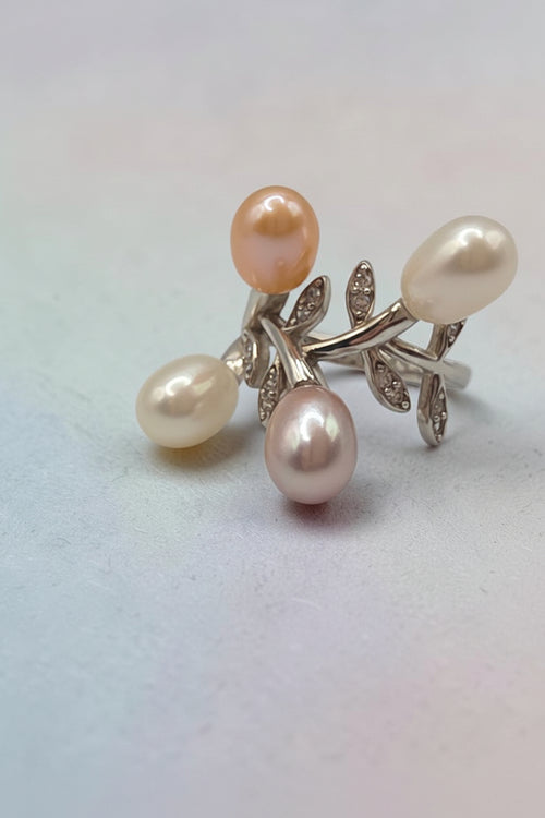 925 Sterling Silver Multi Color Pearl Floral Ring with CZ Leaf Accents - Size 6