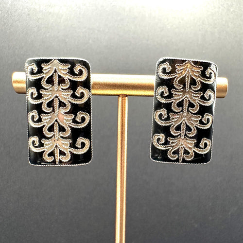 925 Sterling Silver Rectangle Stud Earrings with Black Enamel Ground and Silver Scroll Filigree