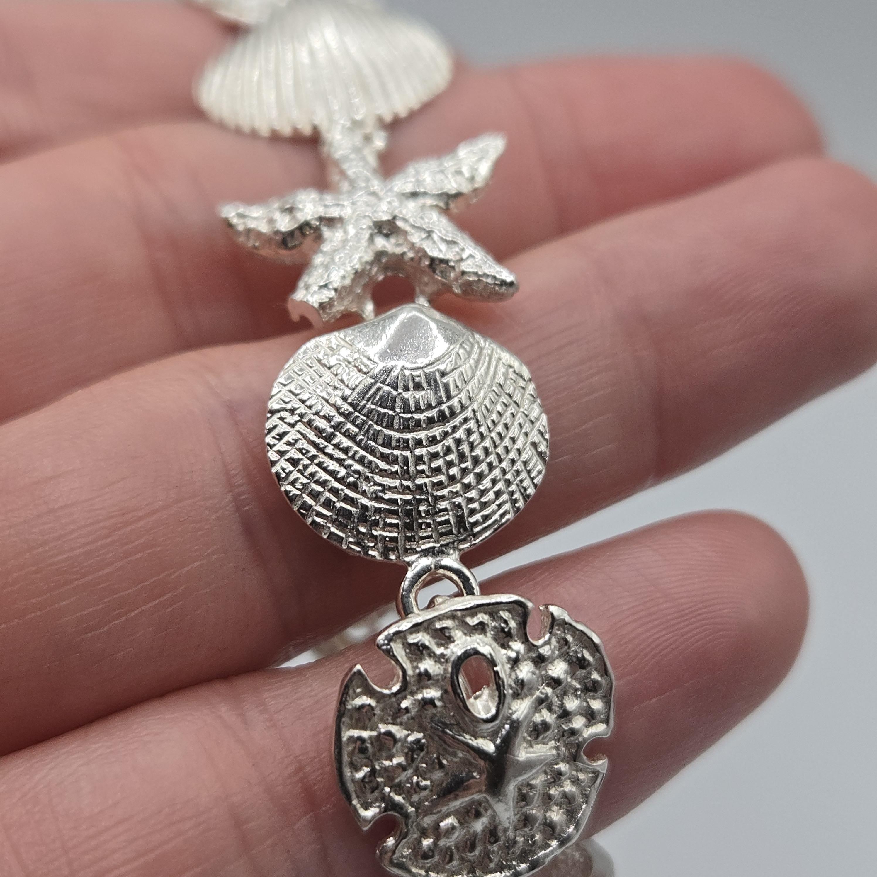 925 Sterling Silver Starfish Sand Dollar Seashell Bracelet, 7 Inch Coastal Link Bracelet