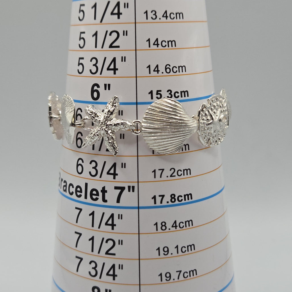 925 Sterling Silver Starfish Sand Dollar Seashell Bracelet, 7 Inch Coastal Link Bracelet