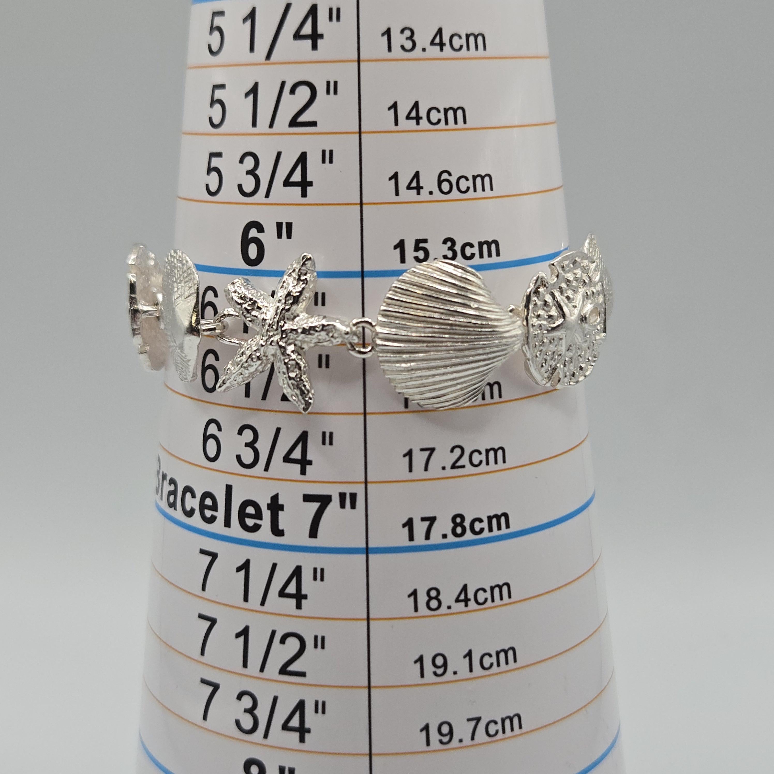 925 Sterling Silver Starfish Sand Dollar Seashell Bracelet, 7 Inch Coastal Link Bracelet