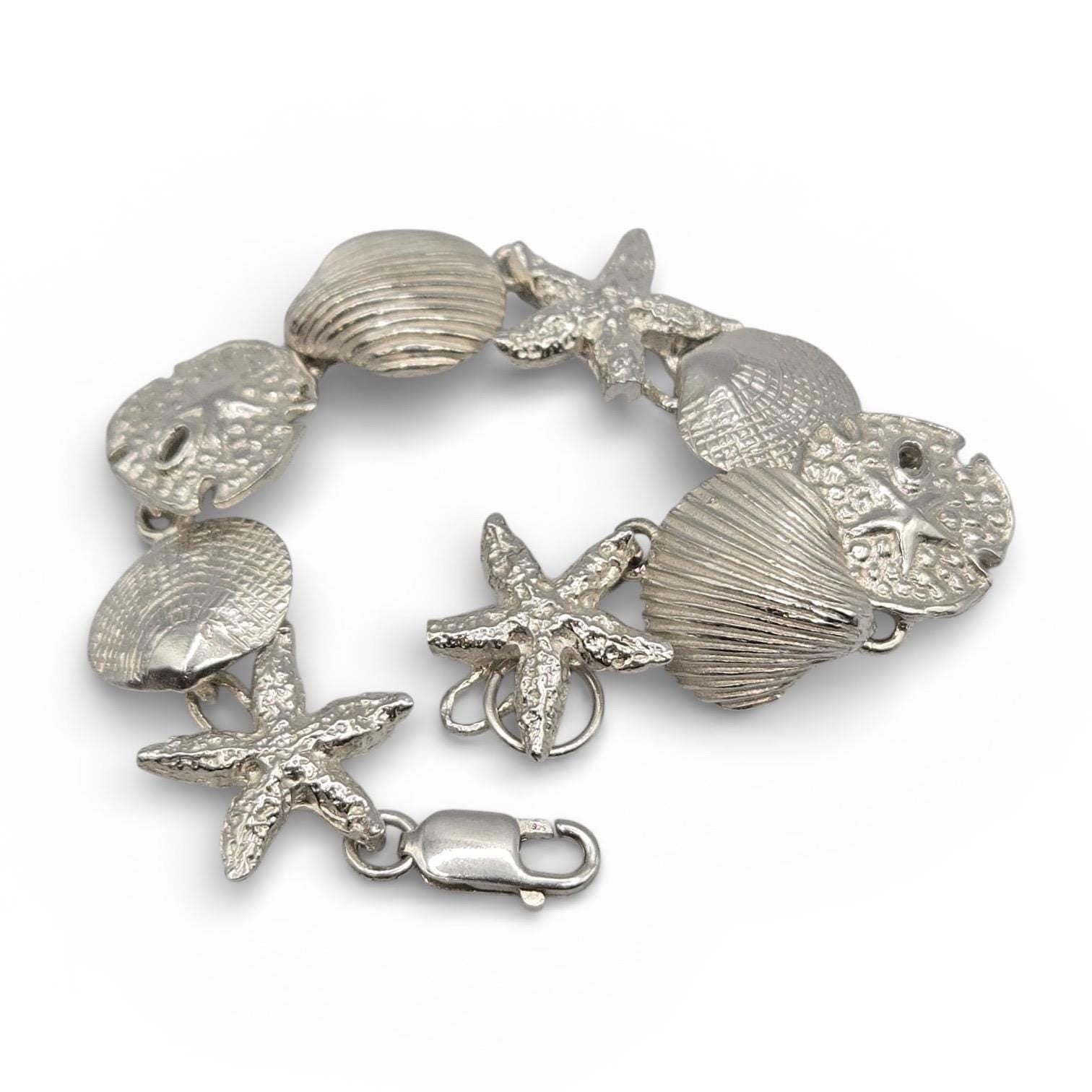 925 Sterling Silver Starfish Sand Dollar Seashell Bracelet, 7 Inch Coastal Link Bracelet