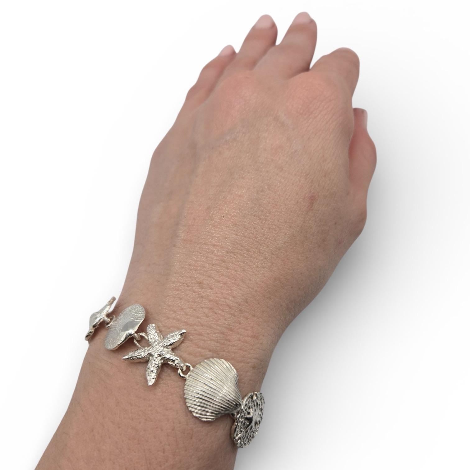 925 Sterling Silver Starfish Sand Dollar Seashell Bracelet, 7 Inch Coastal Link Bracelet