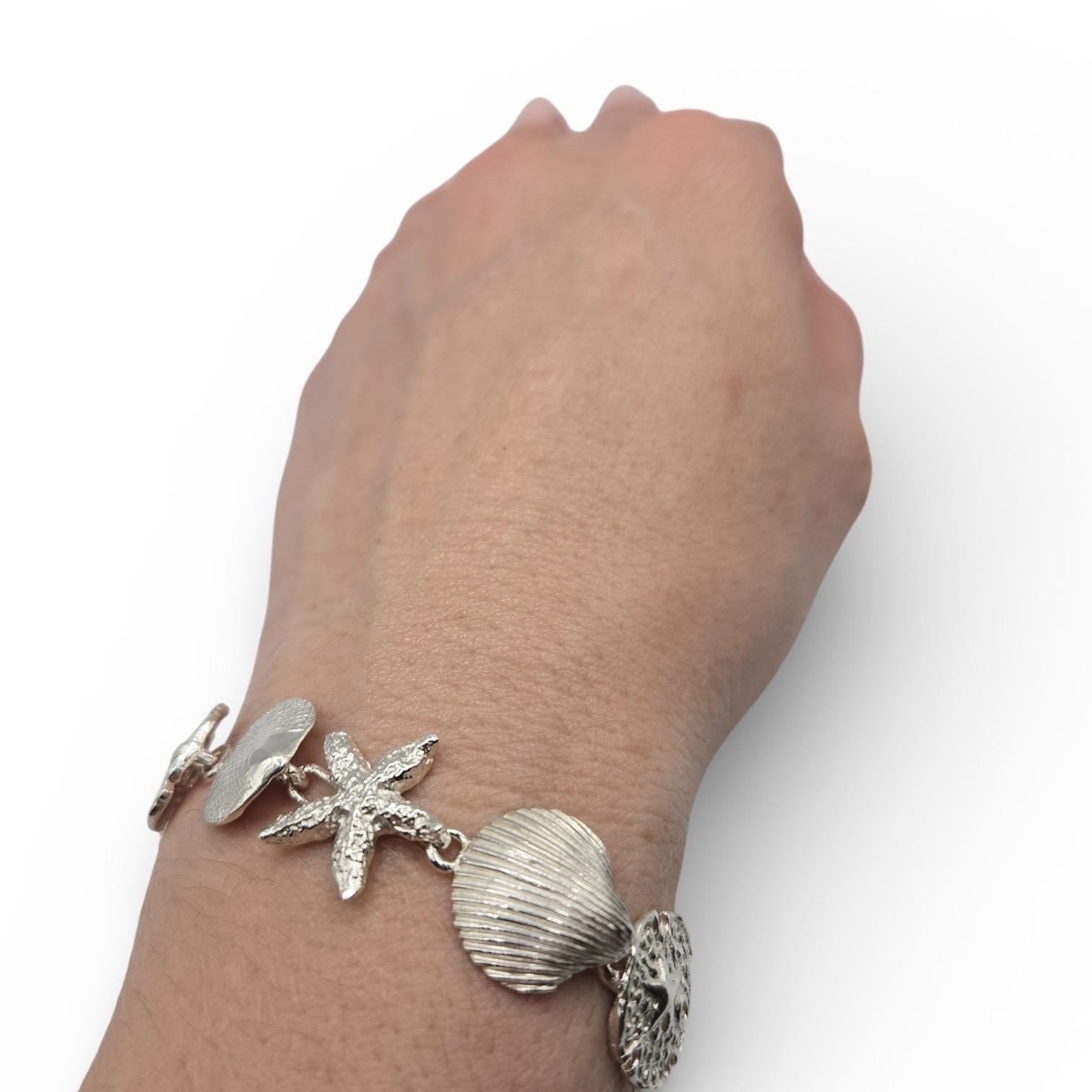 925 Sterling Silver Starfish Sand Dollar Seashell Bracelet, 7 Inch Coastal Link Bracelet
