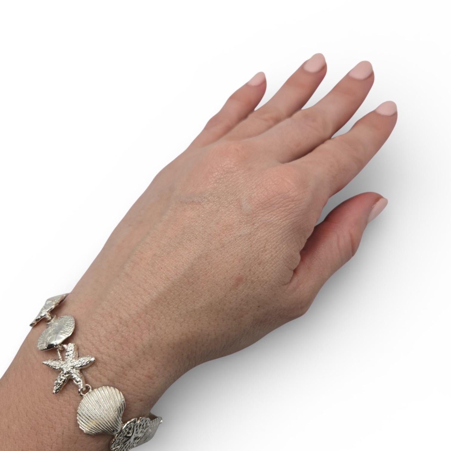 925 Sterling Silver Starfish Sand Dollar Seashell Bracelet, 7 Inch Coastal Link Bracelet