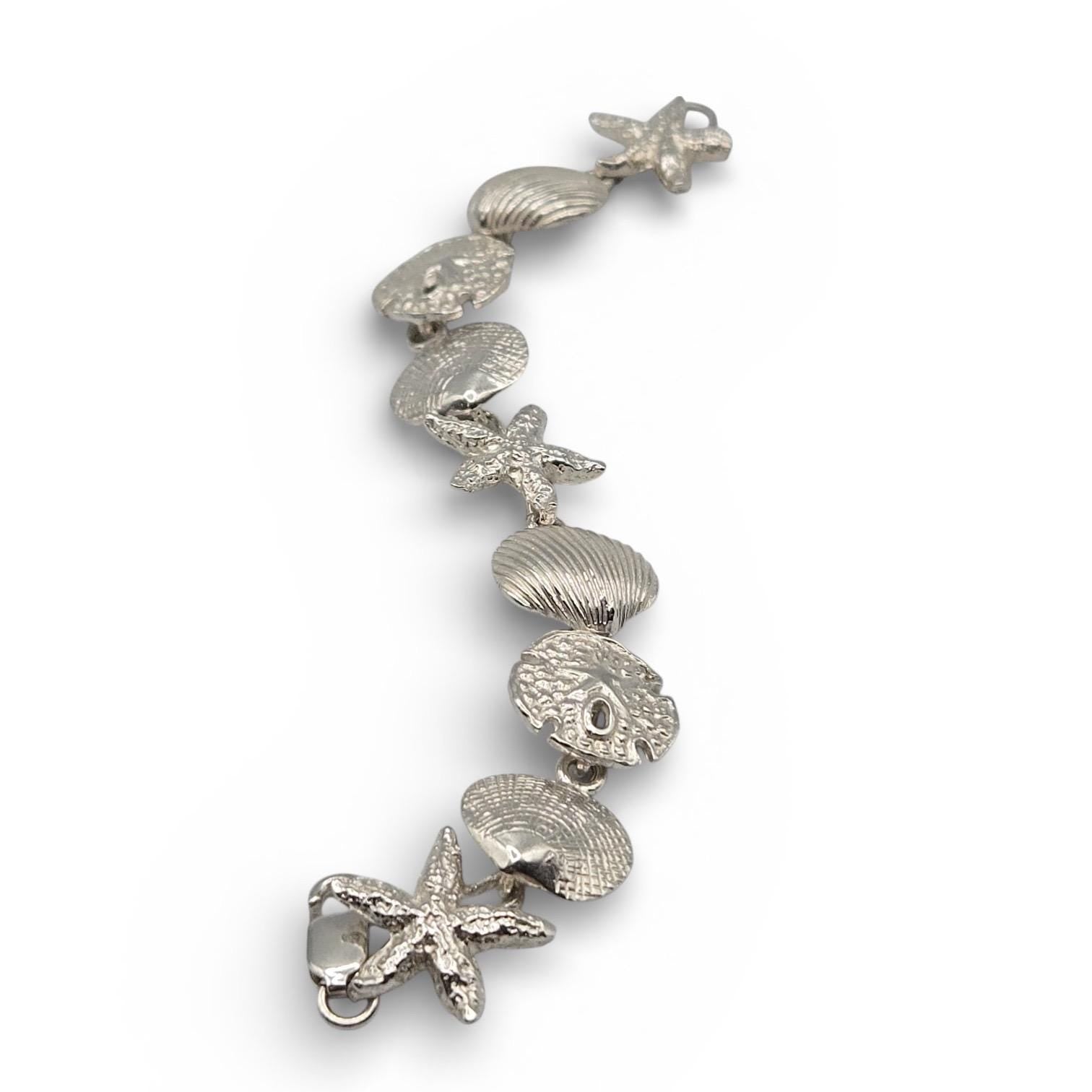 925 Sterling Silver Starfish Sand Dollar Seashell Bracelet, 7 Inch Coastal Link Bracelet