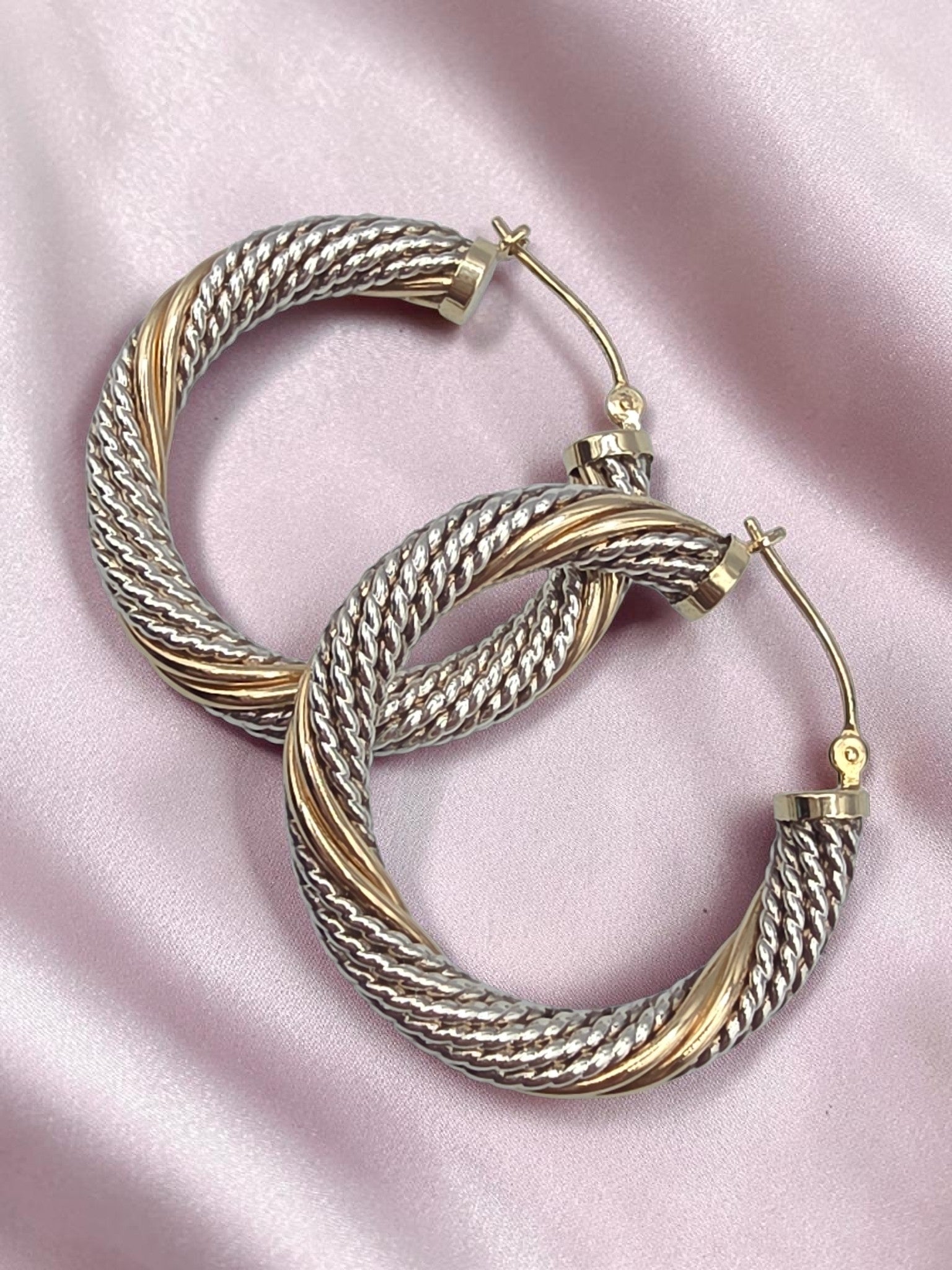 925 Sterling Silver Twisted Rope Hoop Earrings Solid 14K Yellow Gold Accents