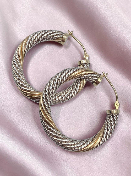 925 Sterling Silver Twisted Rope Hoop Earrings Solid 14K Yellow Gold Accents