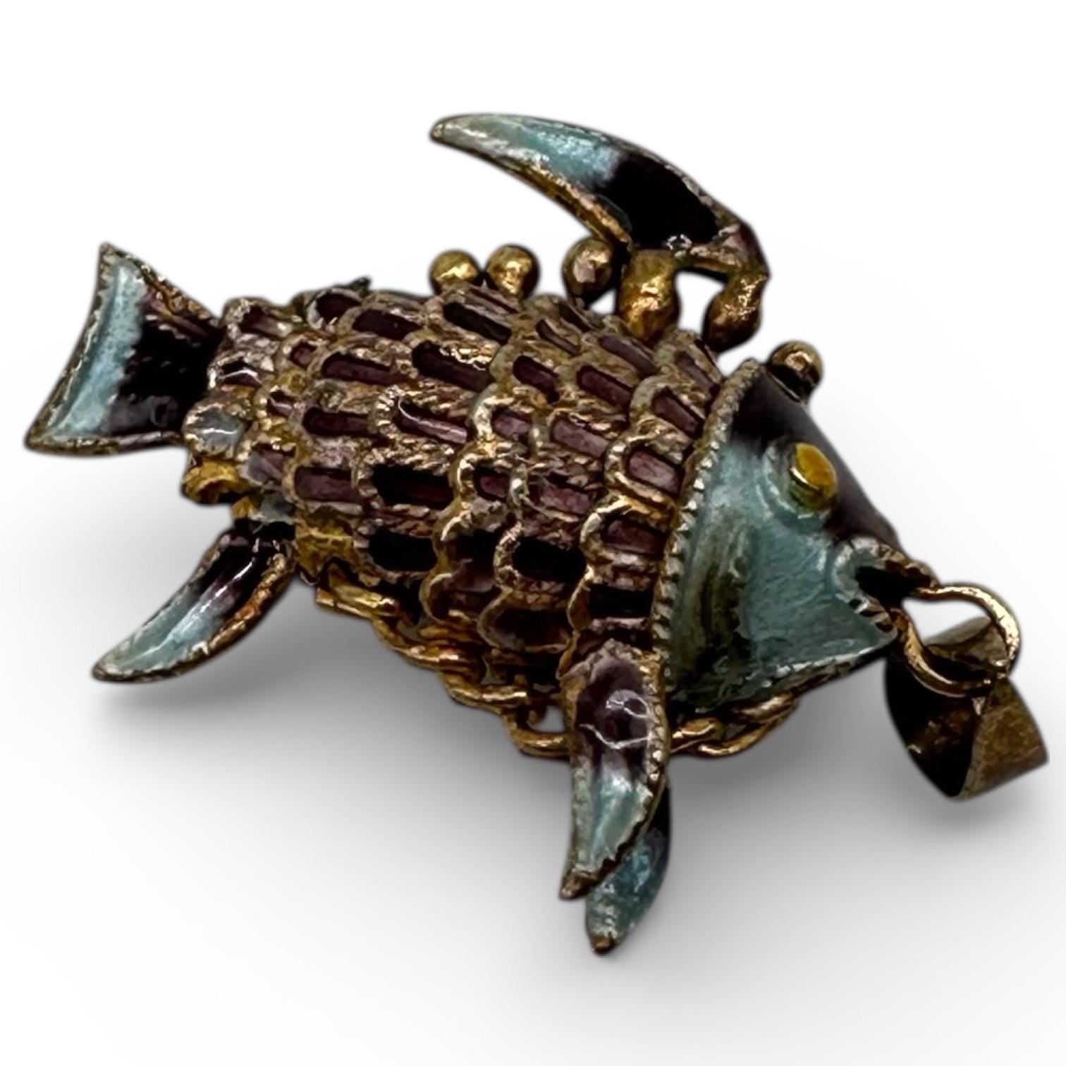 925 Sterling Silver Vermeil Articulating Enamel Fish Charm Pendant