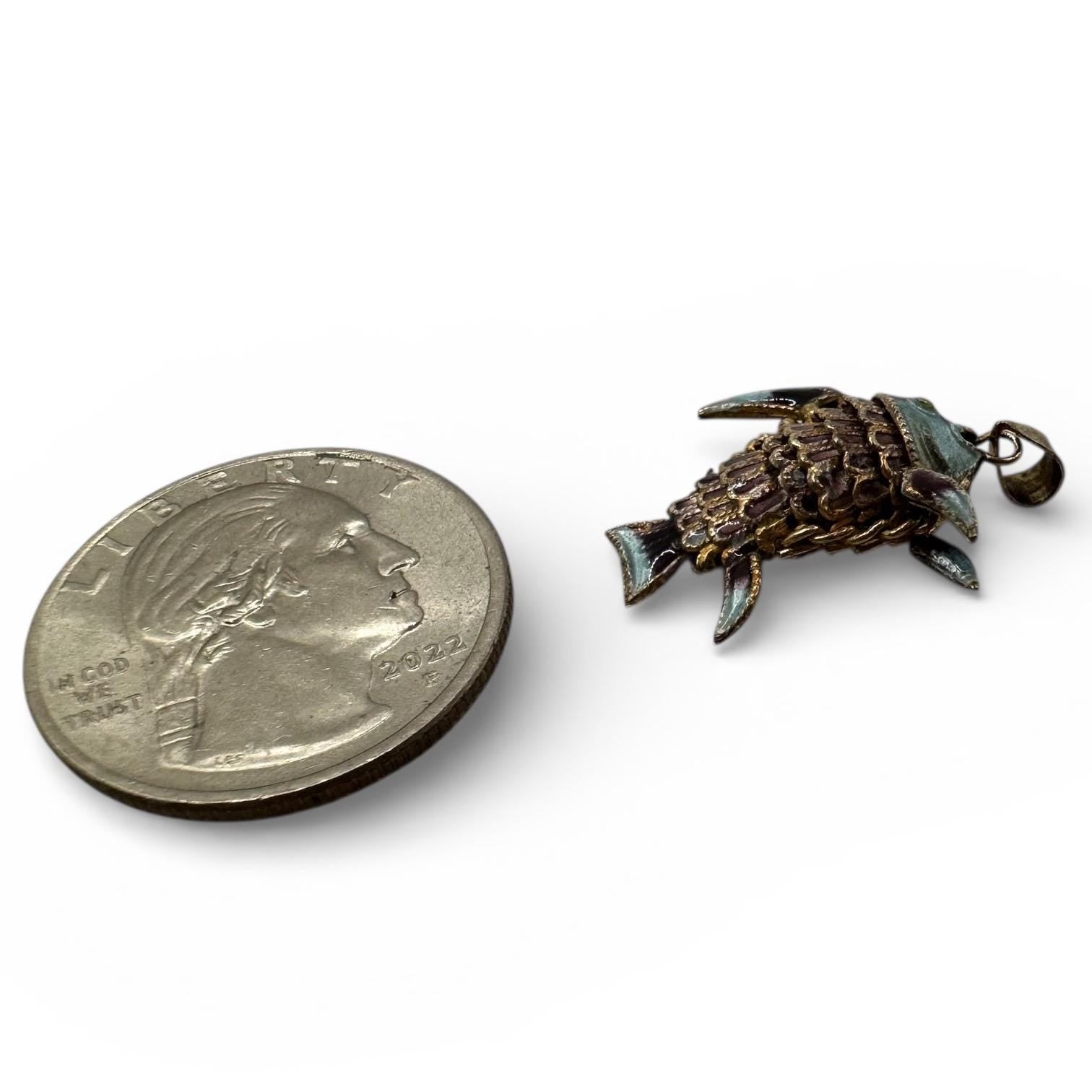 925 Sterling Silver Vermeil Articulating Enamel Fish Charm Pendant