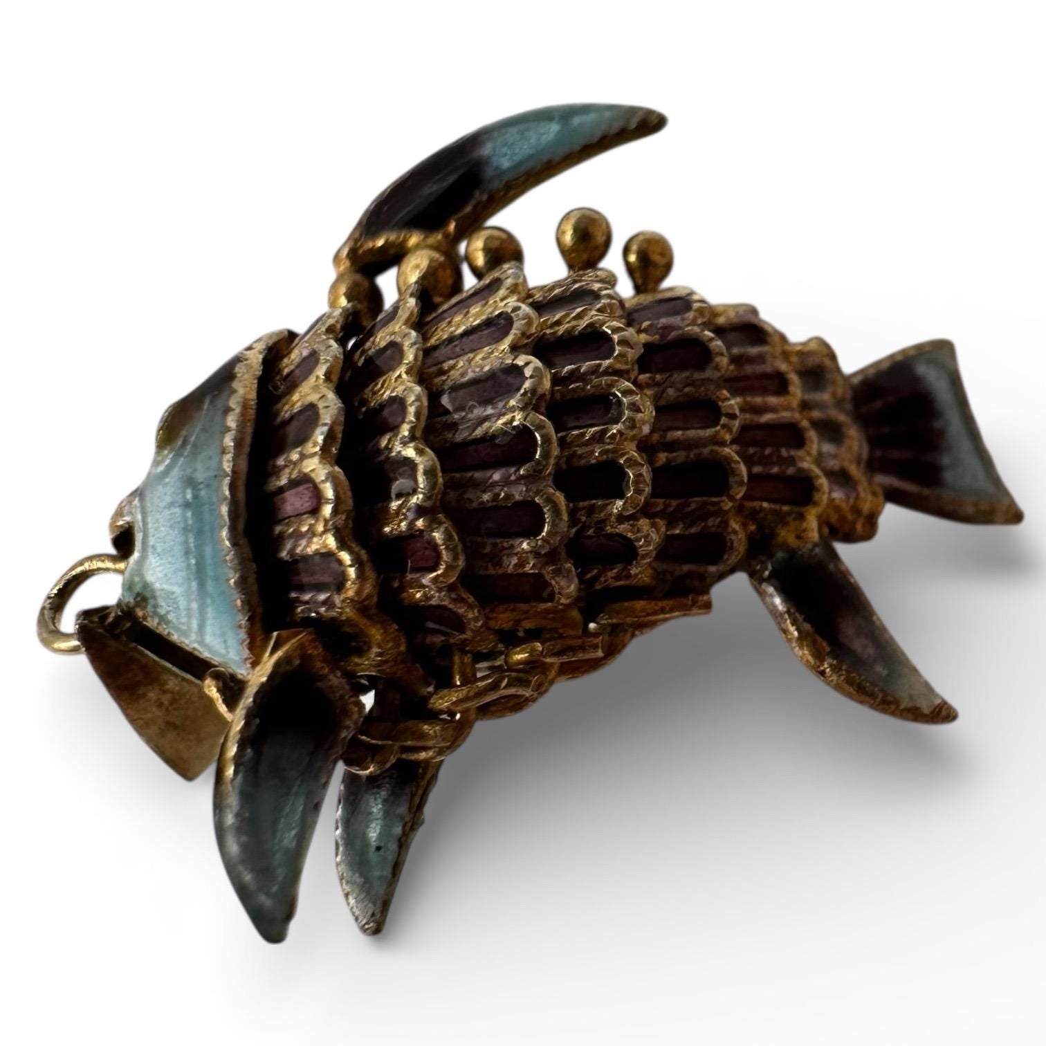 925 Sterling Silver Vermeil Articulating Enamel Fish Charm Pendant