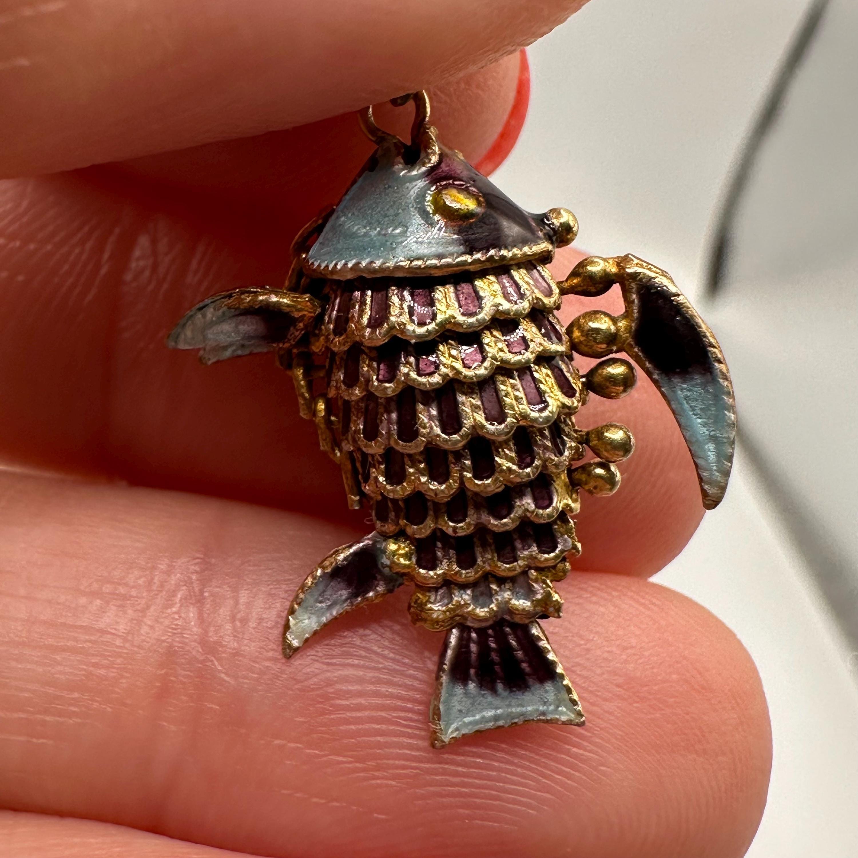 925 Sterling Silver Vermeil Articulating Enamel Fish Charm Pendant