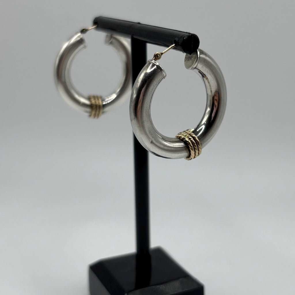 925 Sterling Silver With 14K Gold Accent Vintage Hoop Earrings