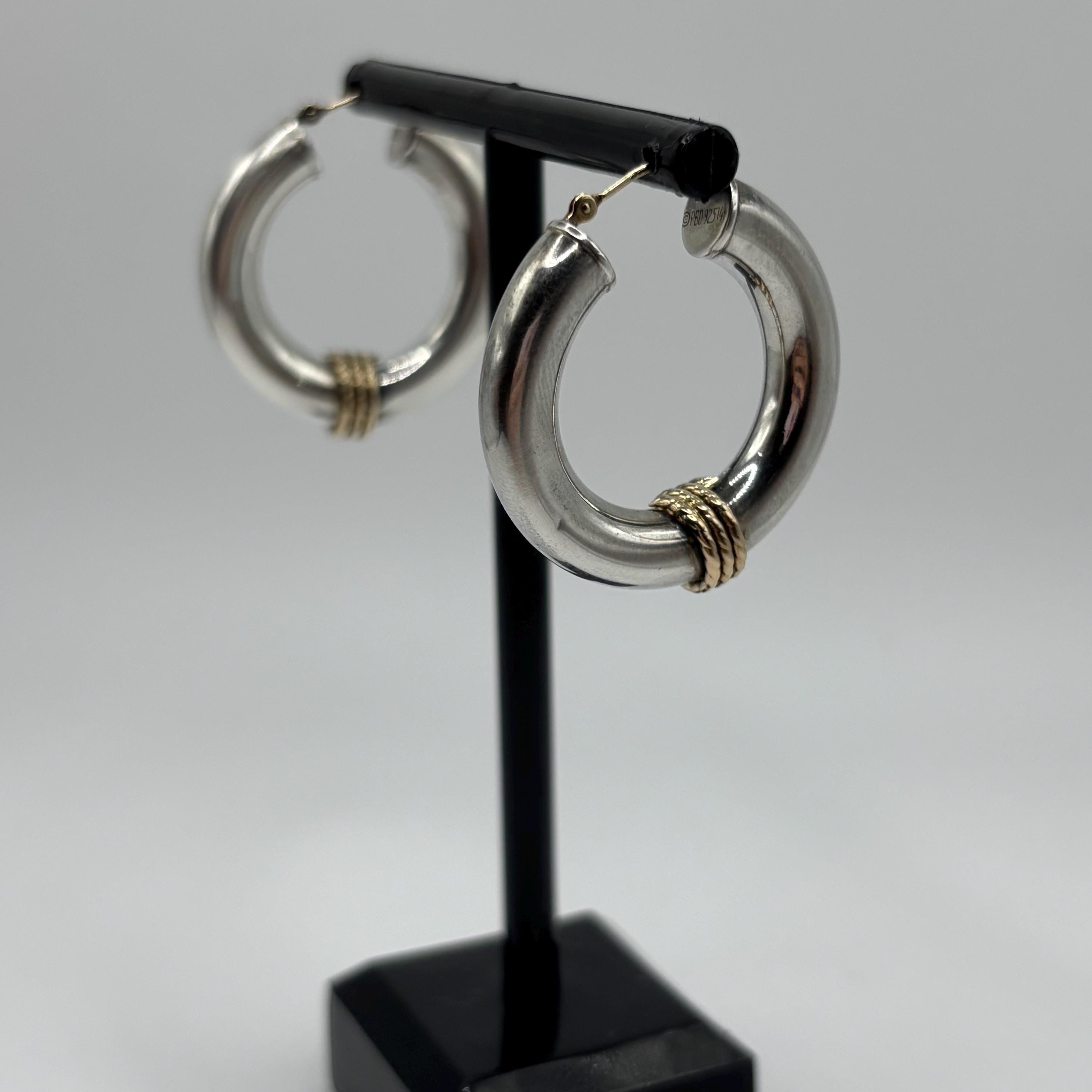 925 Sterling Silver With 14K Gold Accent Vintage Hoop Earrings