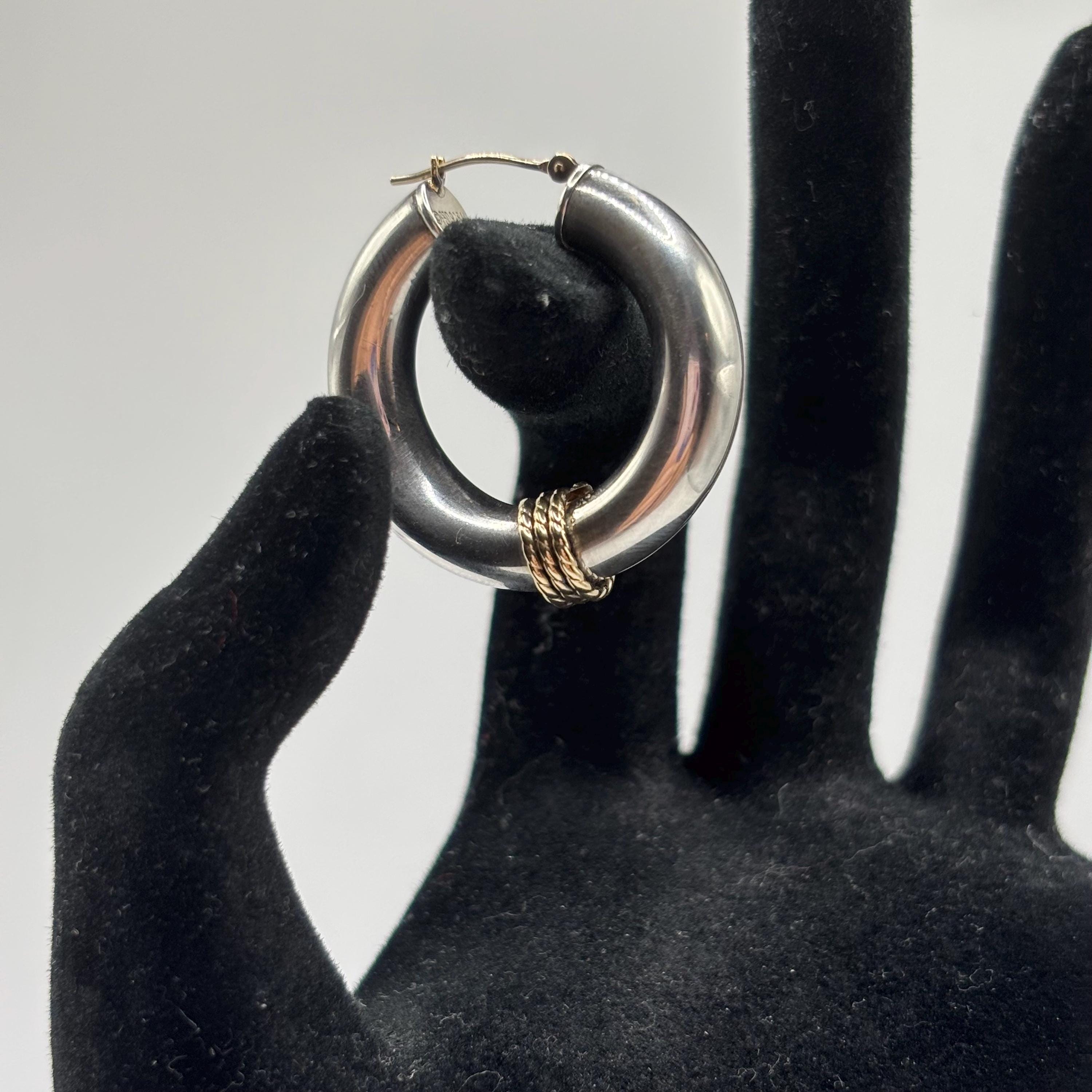925 Sterling Silver With 14K Gold Accent Vintage Hoop Earrings