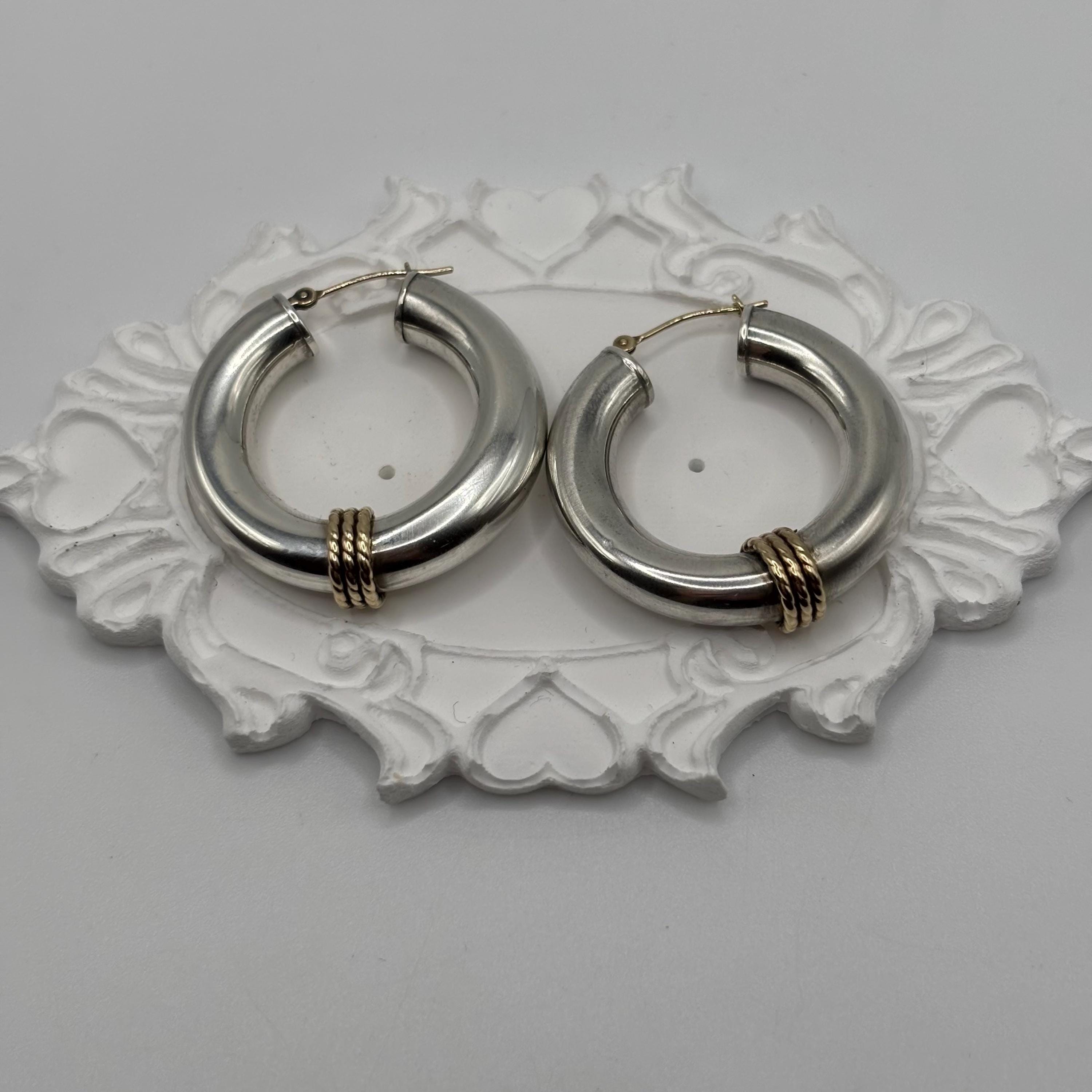 925 Sterling Silver With 14K Gold Accent Vintage Hoop Earrings