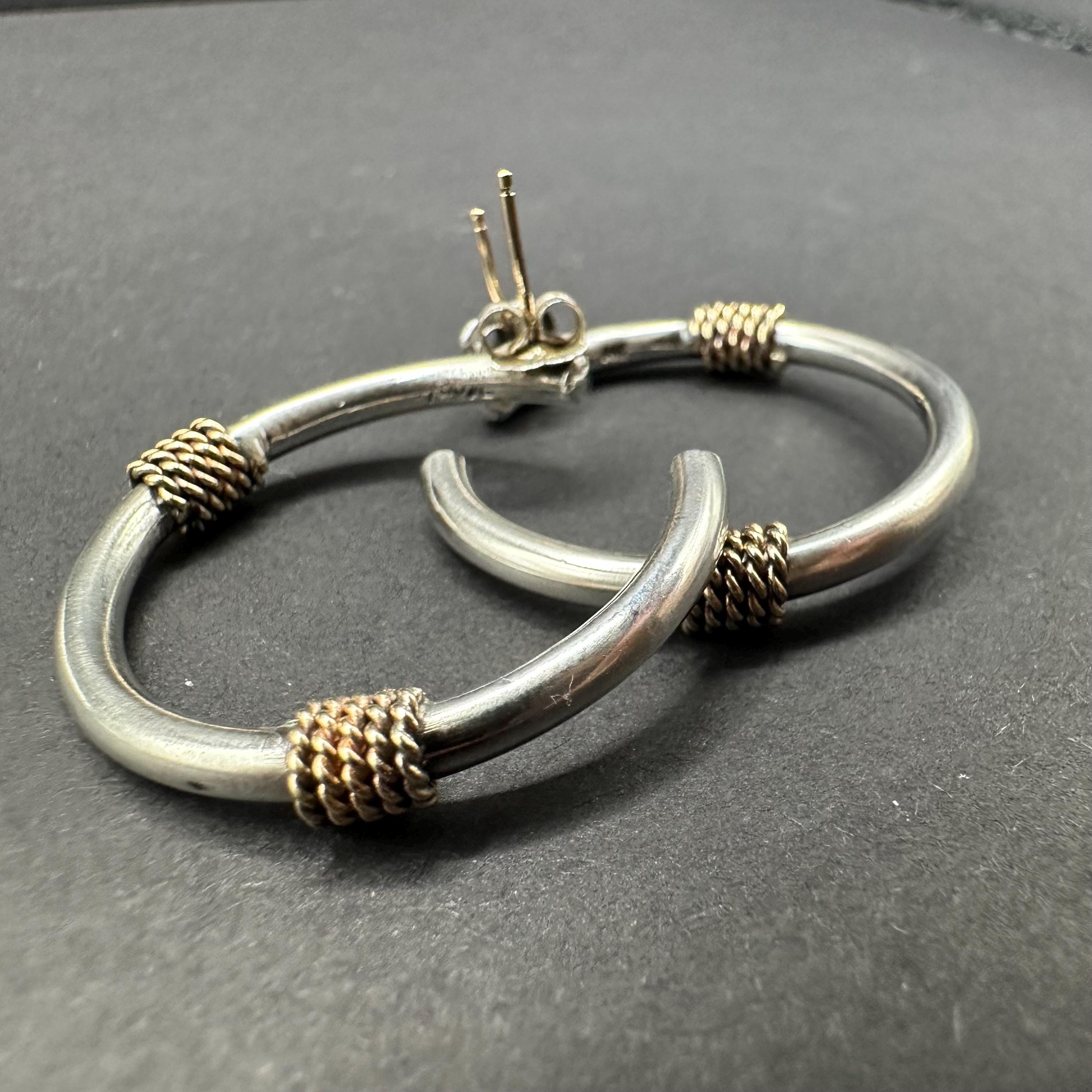 925 Sterling Silver and 14k Gold Accents Hoop Earrings