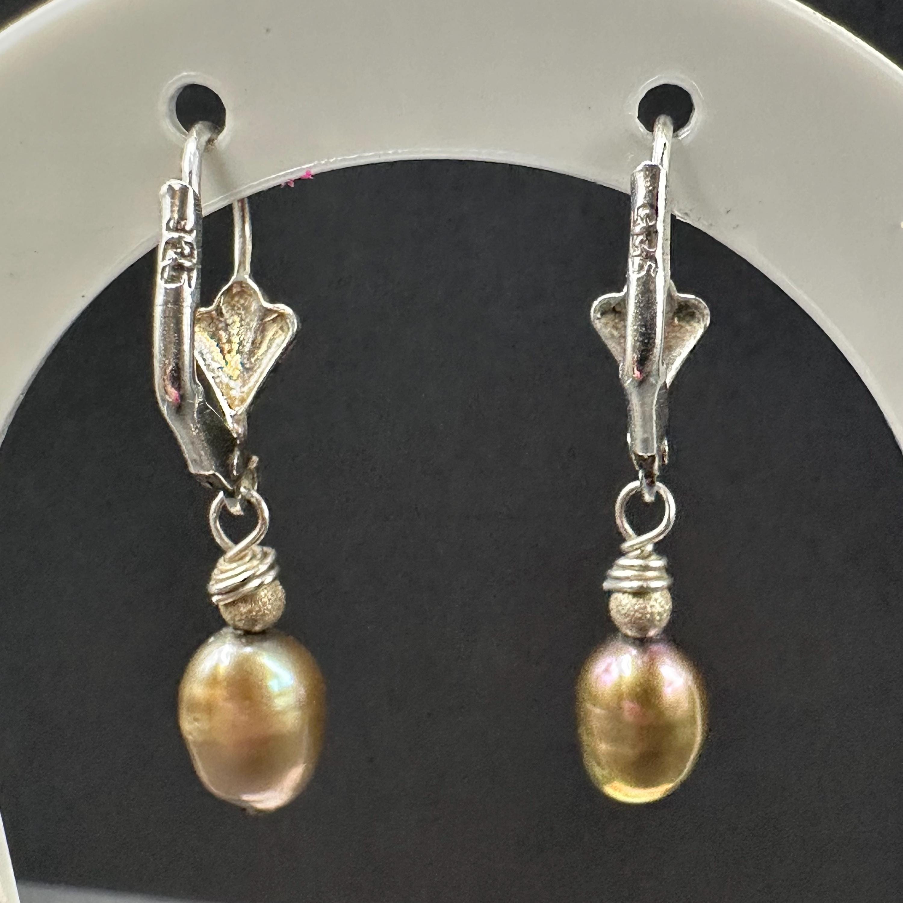 925 Sterling Silver and Black Pearl Drop Hoop Earrings