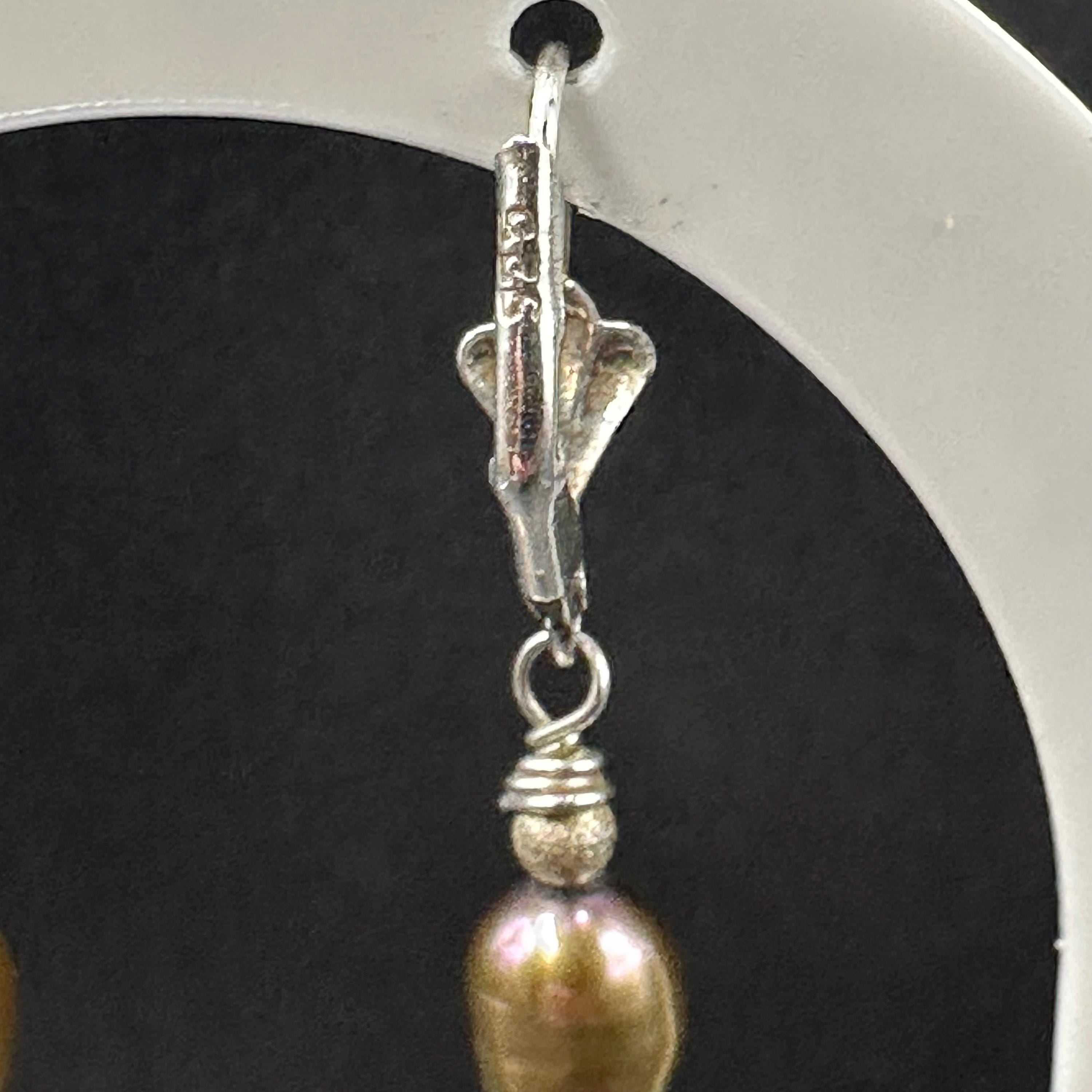 925 Sterling Silver and Black Pearl Drop Hoop Earrings