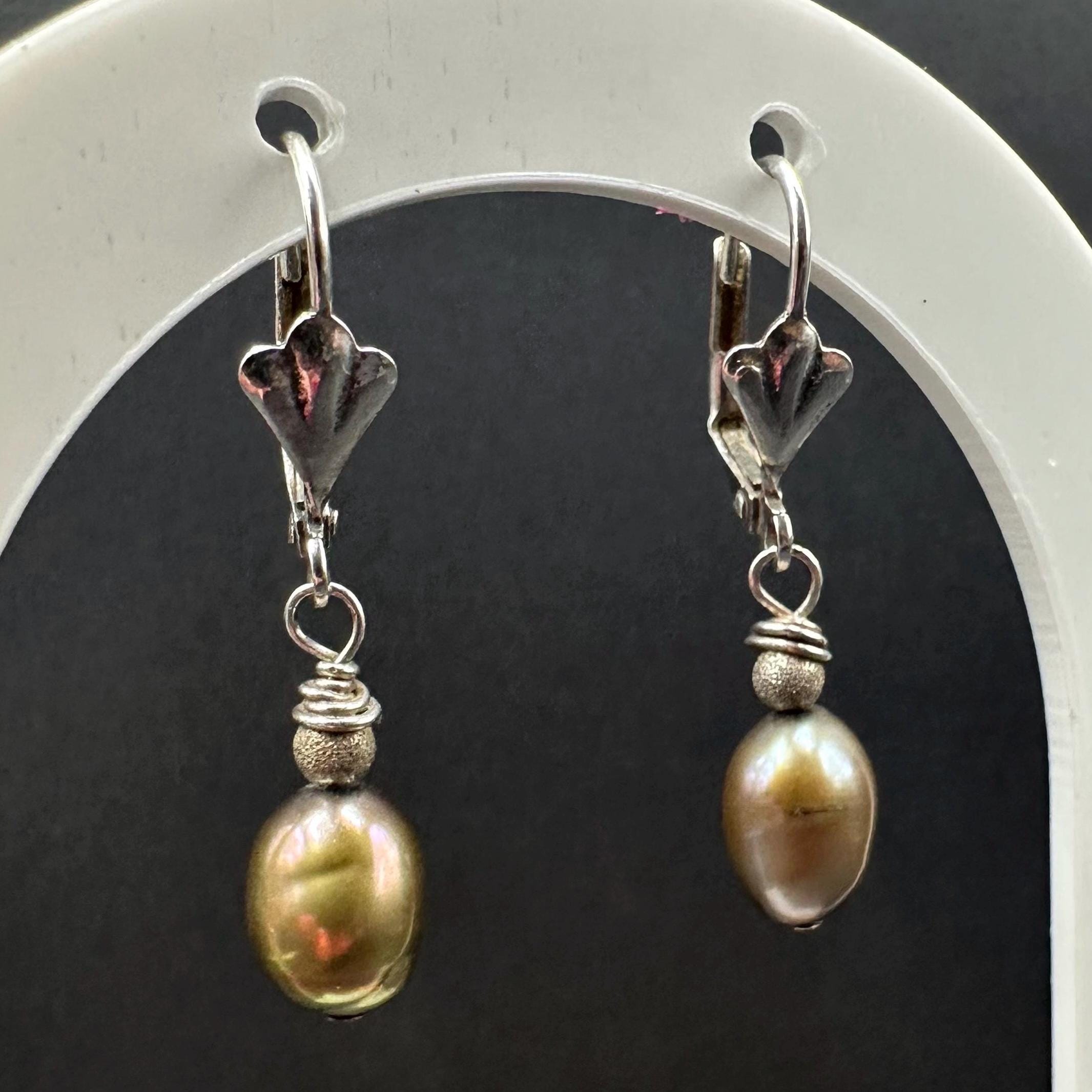 925 Sterling Silver and Black Pearl Drop Hoop Earrings