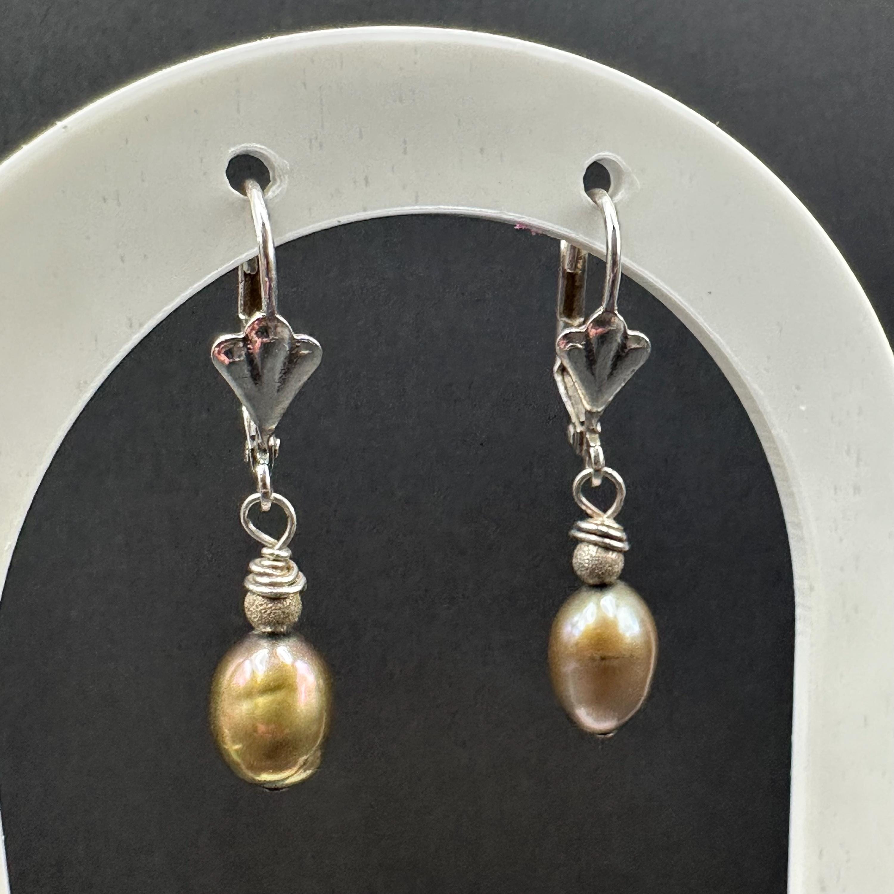925 Sterling Silver and Black Pearl Drop Hoop Earrings