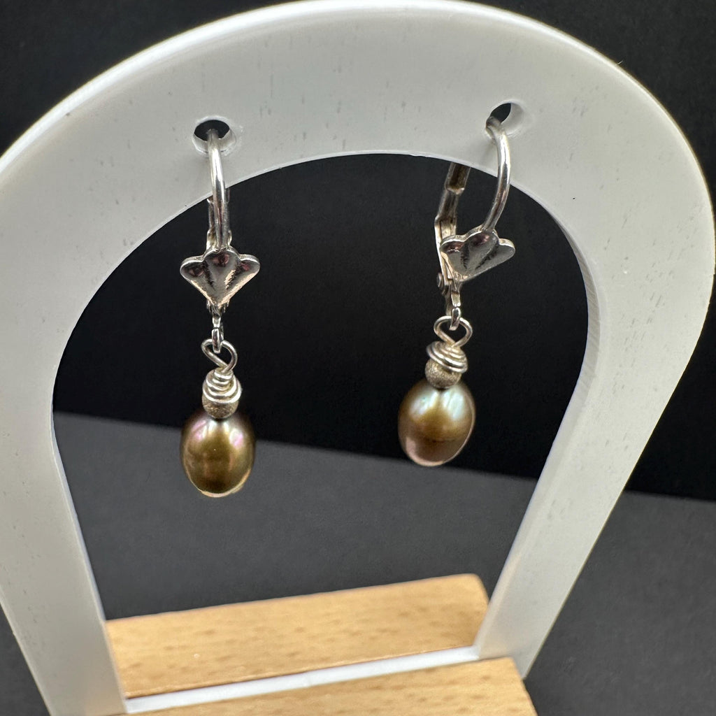 925 Sterling Silver and Black Pearl Drop Hoop Earrings