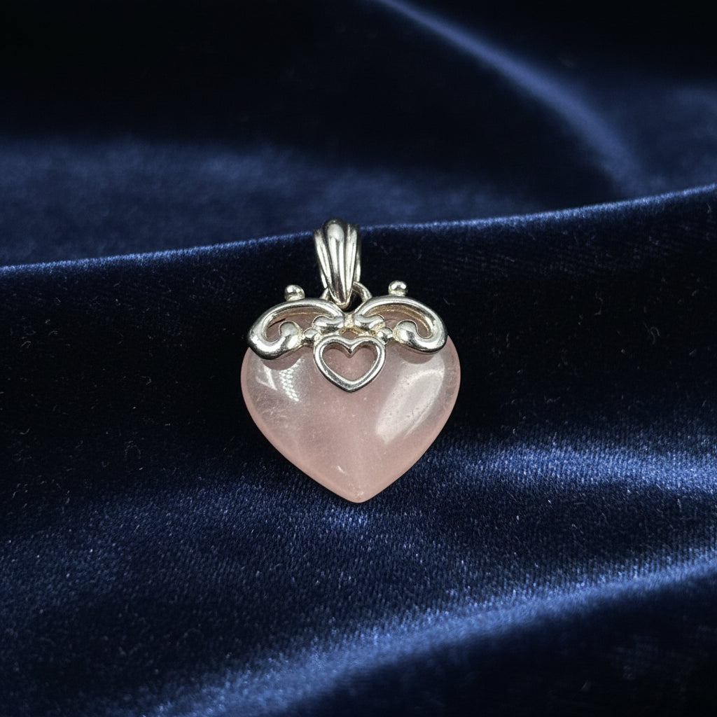 925 sterling silver rose quartz puffy heart pendant with scrollwork and open heart accent