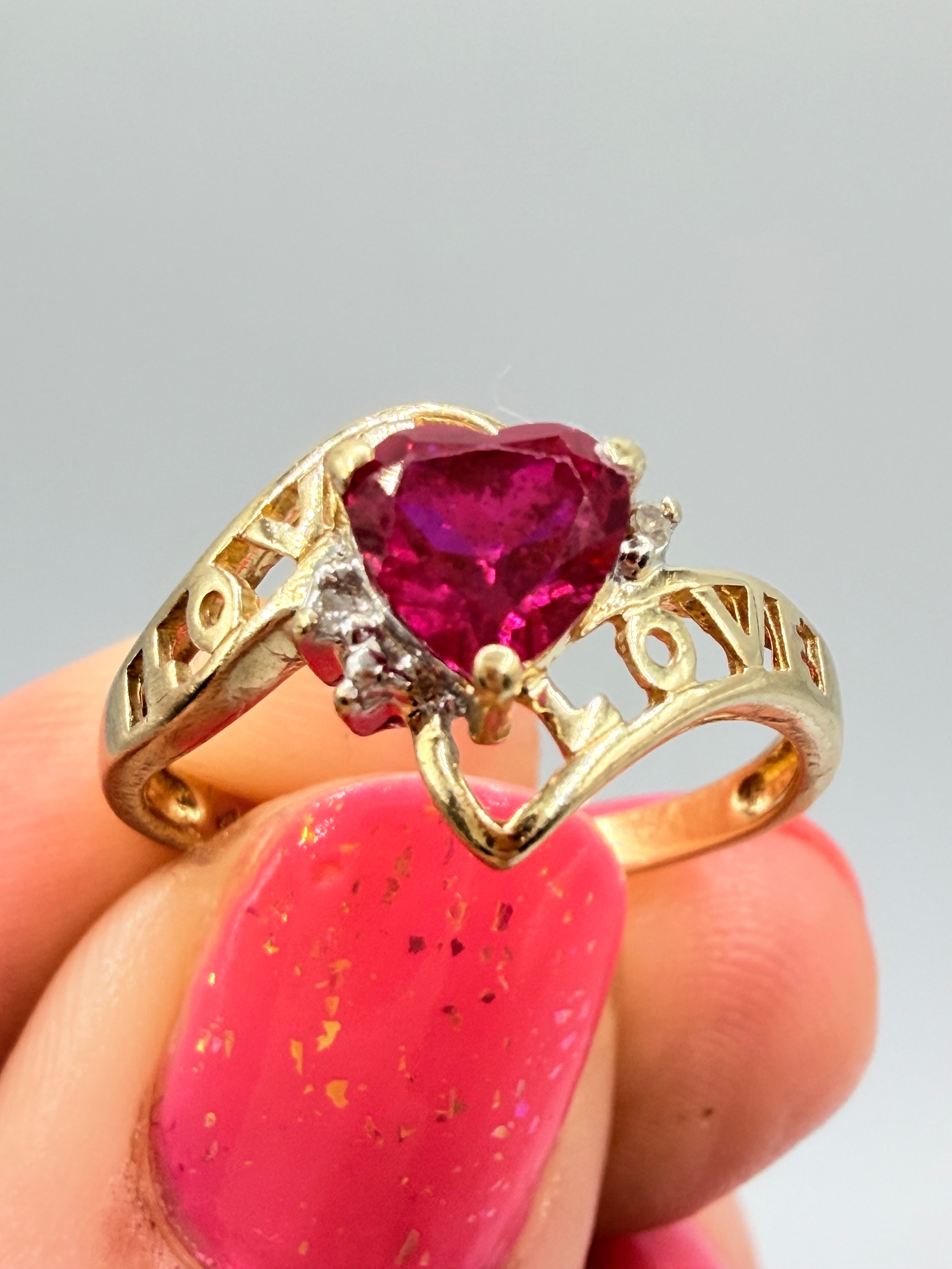 Solid 10K Yellow Gold Ring with Heart-Cut Ruby, Diamonds and LOVE – Size 7