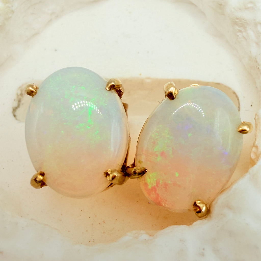 Solid 14K Yellow Gold Stud Earrings with Oval Cut Opals
