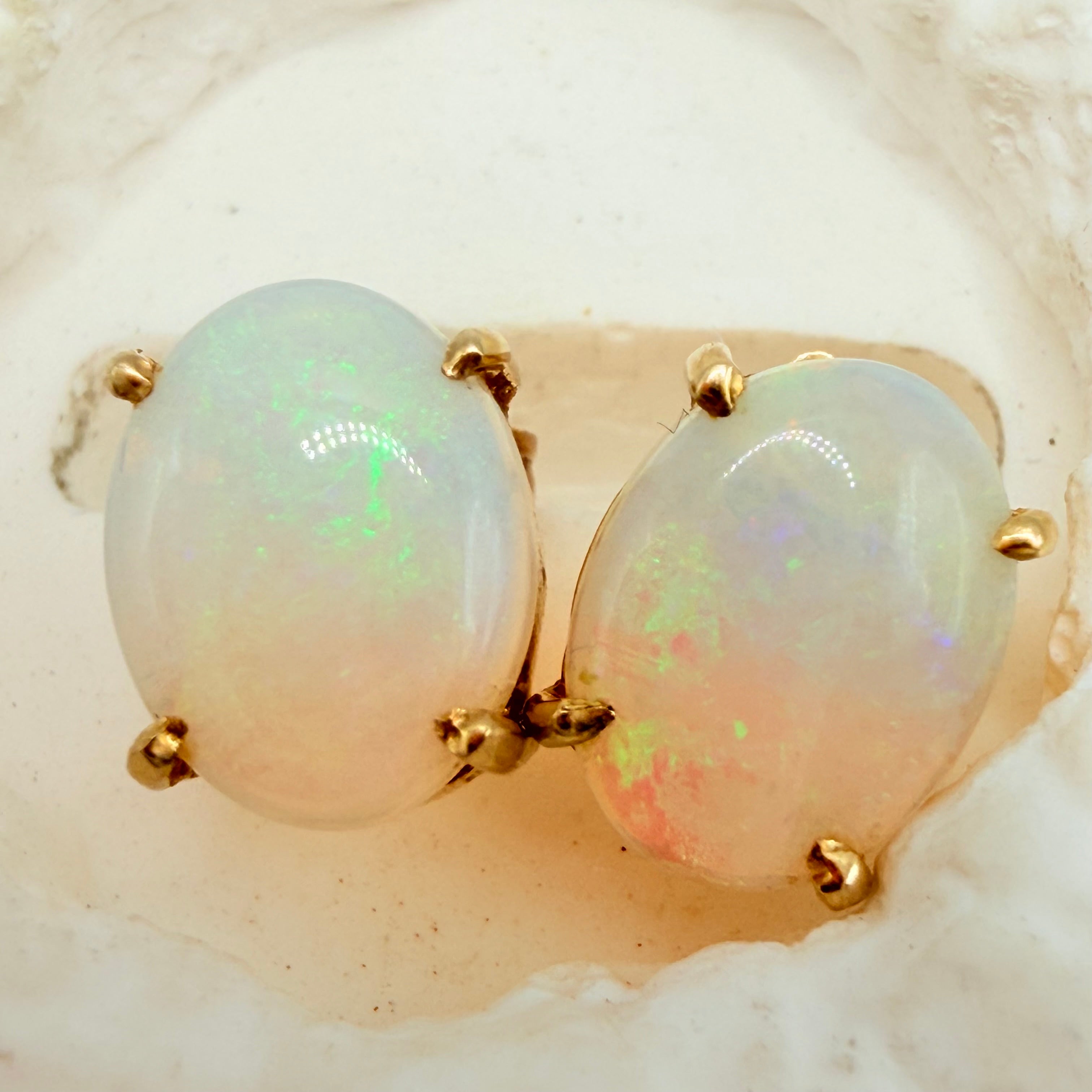 Solid 14K Yellow Gold Stud Earrings with Oval Cut Opals